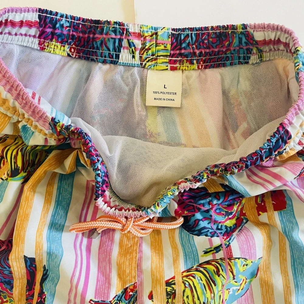 Peter Millar‎ Swim Trunks Striped Fish Print Elastic Waist Drawstring Pockets L